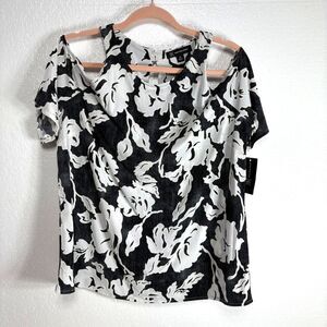 INC International Concepts Blouse Womens XL Black White Cold Shoulder NWT